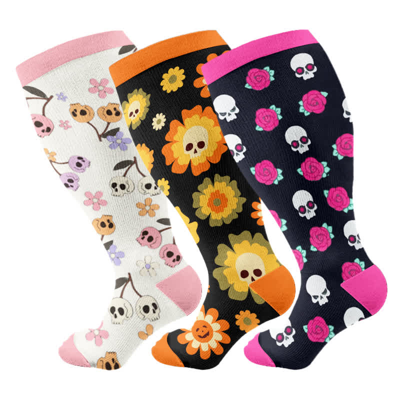 Plus Size Halloween Floral Skull Series Compression Socks(3 Pairs) - Multicolor - 4XL - image 8