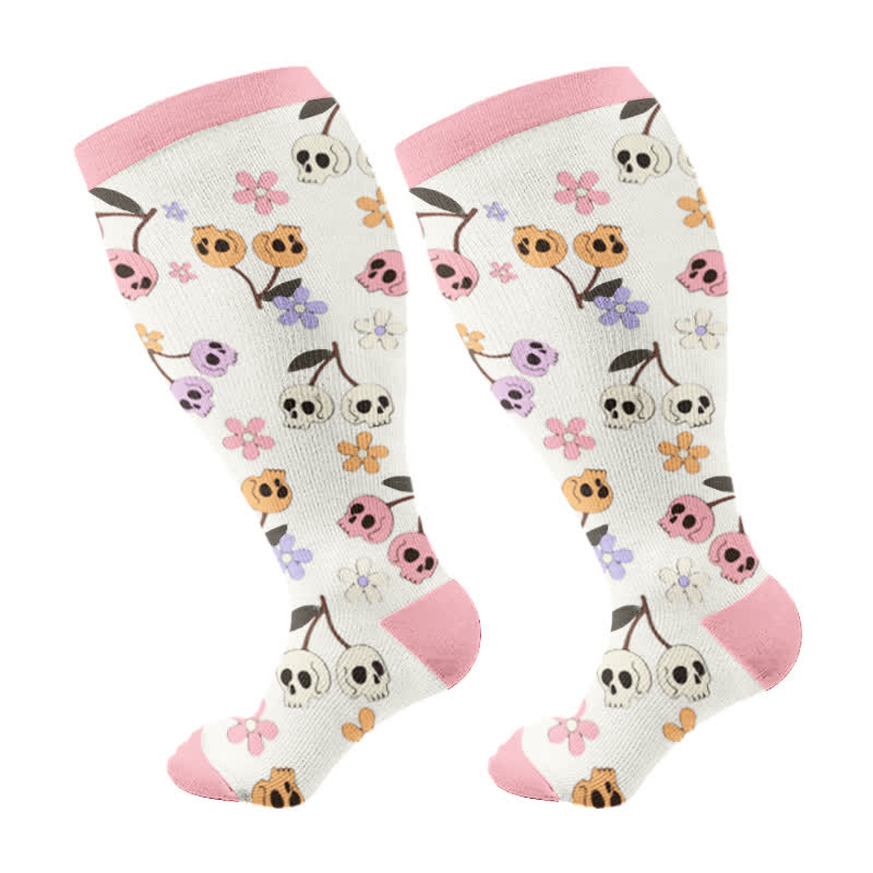 Plus Size Halloween Floral Skull Series Compression Socks(3 Pairs) - Pink(1 Pair) - 4XL - image 9