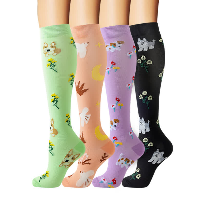 Dog Floral Knee High Compression Socks(4 Pairs) - Multicolor - S/M - image 0
