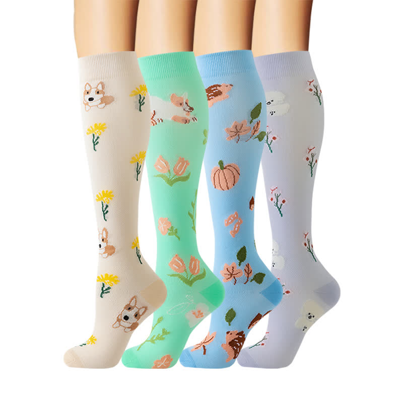 Animal Floral Knee High Compression Socks(4 Pairs) - Multicolor - S/M - image 0
