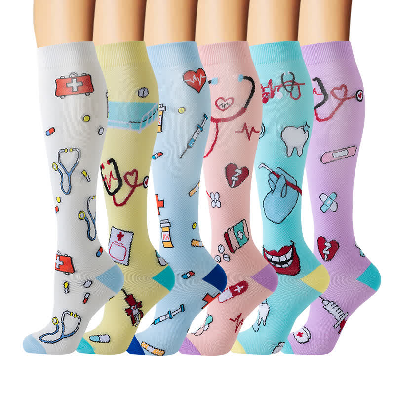 Medical Print Knee High Compression Socks(6 Pairs) - Multicolor - S/M - image 0
