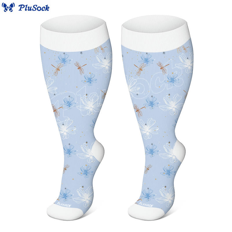 Plus Size Blue Flower Dragonfly Compression Socks(3 Pairs) - image 3