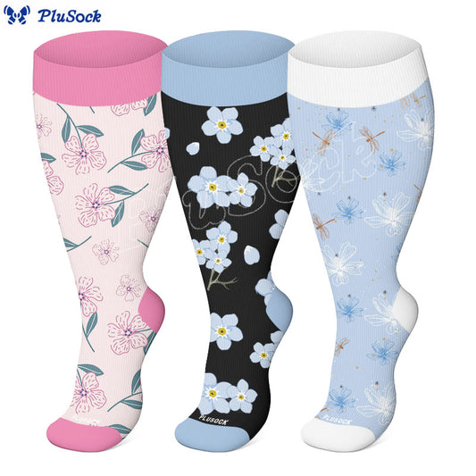 Plus Size Blue Flower Dragonfly Compression Socks(3 Pairs) - image 0