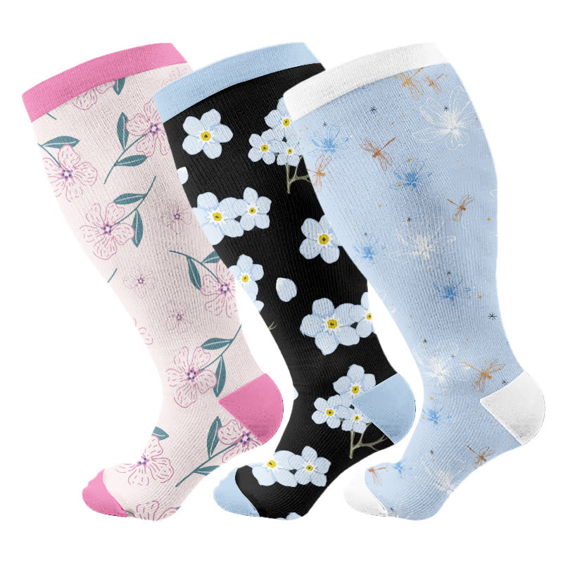 Plus Size Blue Flower Dragonfly Compression Socks(3 Pairs) - Multicolor - 4XL - image 1