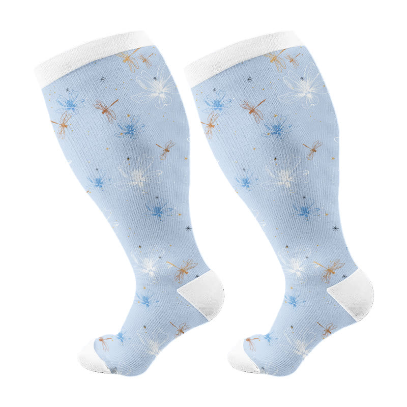 Plus Size Blue Flower Dragonfly Compression Socks(3 Pairs) - Blue(1 Pair) - 4XL - image 7