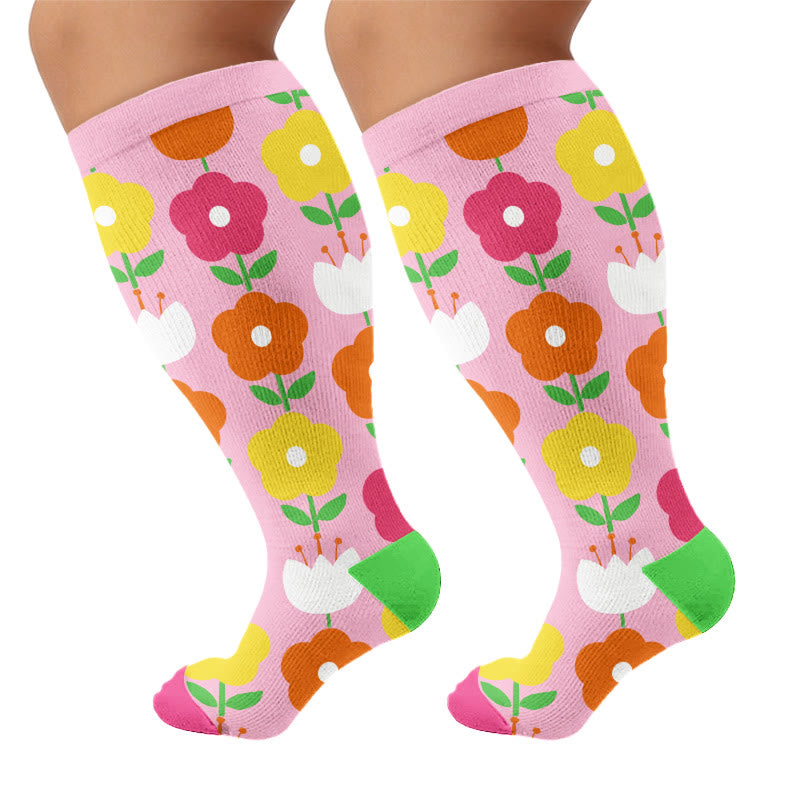 Plus Size Heart Flower Print Compression Socks - Pink(1 Pair) - 4XL - image 7