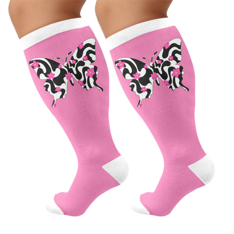 Plus Size Butterfly Heart Grid Compression Socks - Pink(1 Pair) - 4XL - image 7