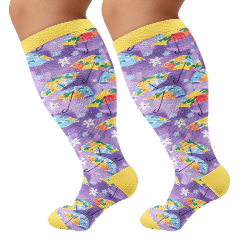 Plus Size Wavy Stripes Fruit Umbrella Compression Socks - Yellow(1 Pair) - 4XL - image 7