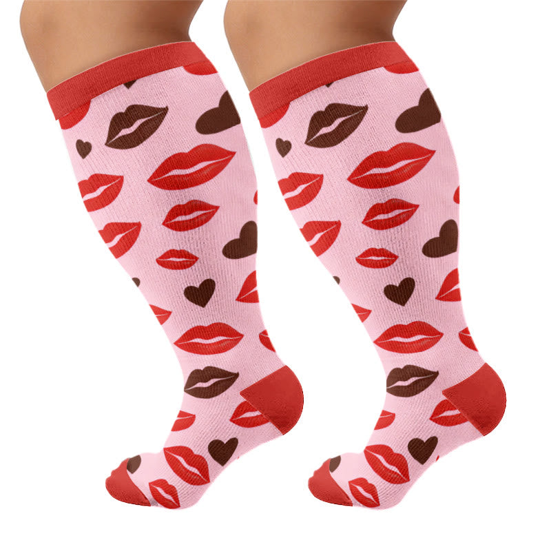 Plus Size Graffiti Lips Comic Style Compression Socks - Red(1 Pair) - 4XL - image 7