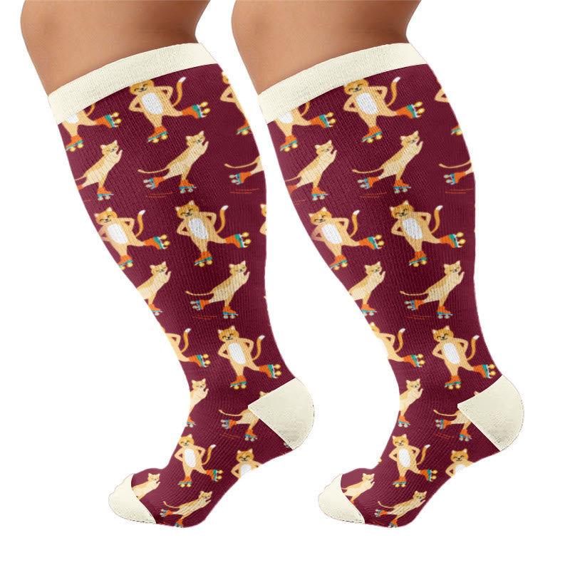 Plus Size Moon Star Cat Compression Socks - Wine(1 Pair) - 4XL - image 7