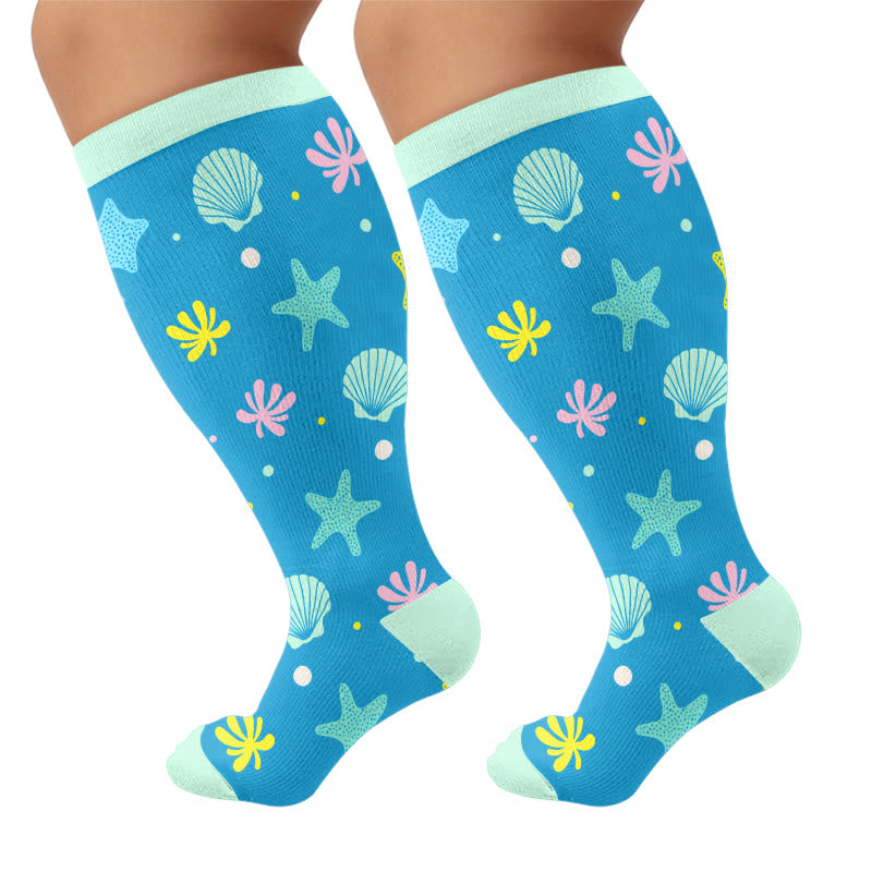 Plus Size Crab Whale Starfish Compression Socks - Blue - 4XL - image 7