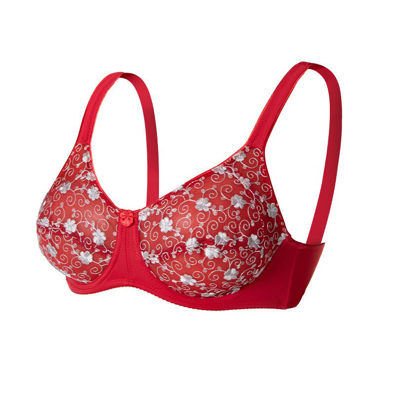 Silver Flower Embroidery Pattern Full Coverage Bras - Red - 44 - D - image 13