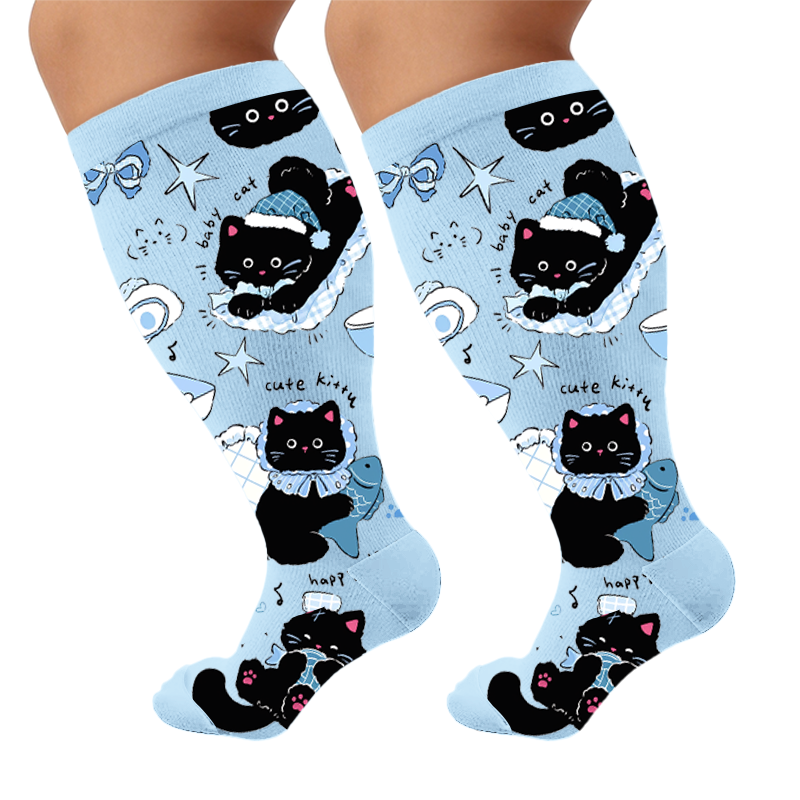 Plus Size Scrawled Cat Compression Socks - Blue(1 Pair) - 4XL - image 7