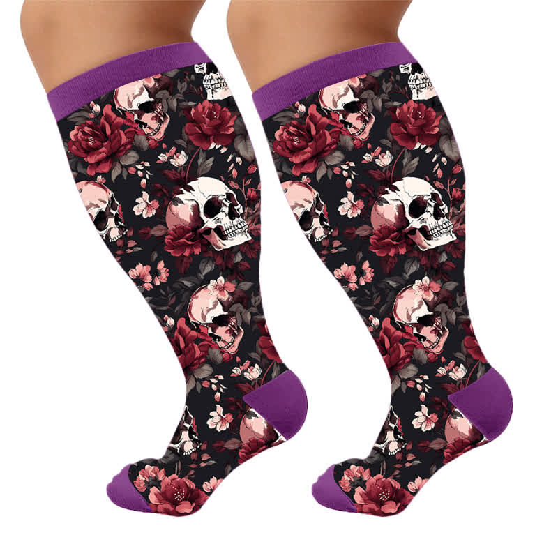 Plus Size Teal Skull Rose Compression Socks - Purple(1 Pair) - 4XL - image 7
