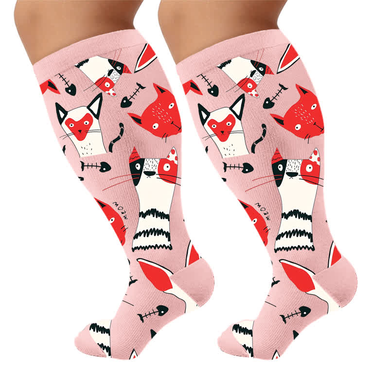 Plus Size Whimsical Abstract Cat Compression Socks - Pink(1 Pair) - 4XL - image 7