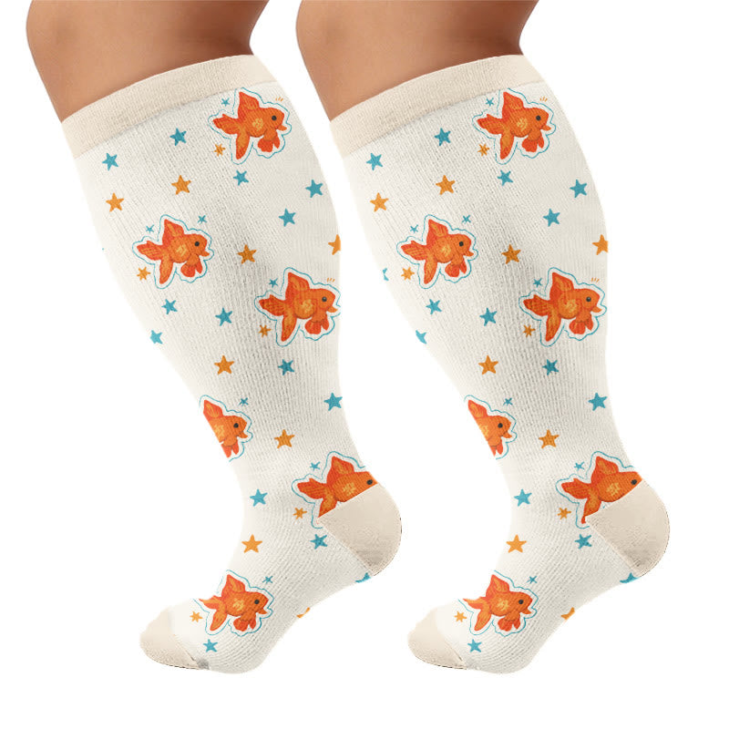 Plus Size Fish Cat Monkey Compression Socks - Beige(1 Pair) - 4XL - image 10