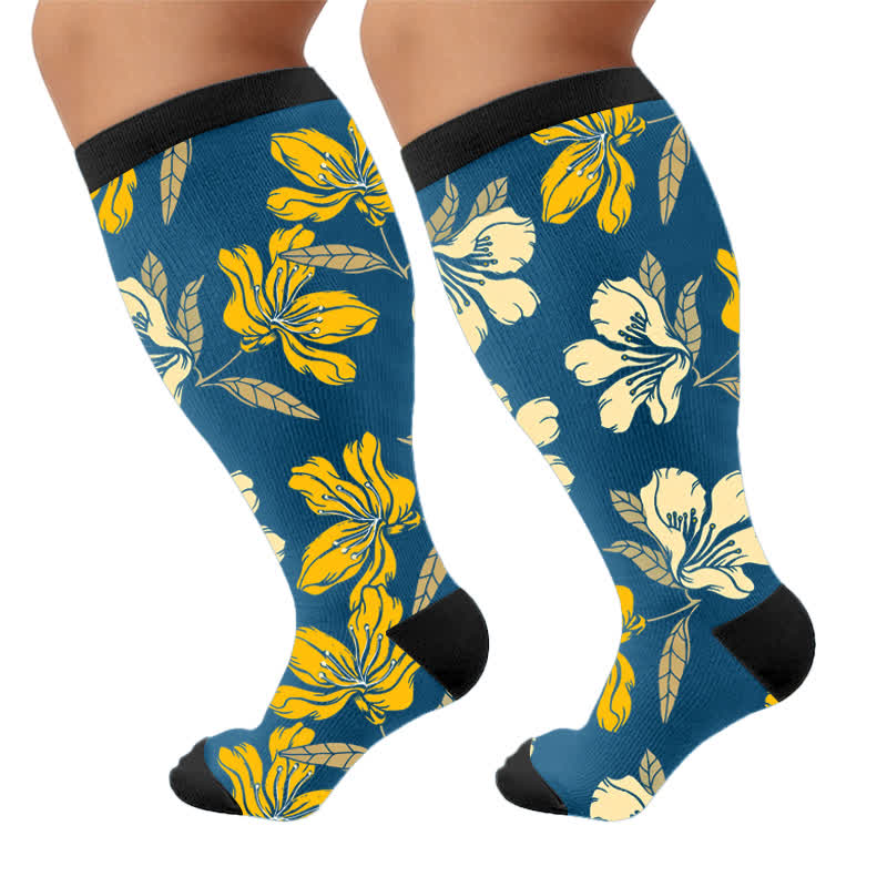 Plus Size Floral Garden Compression Socks - Blue(1 Pair) - 4XL - image 10
