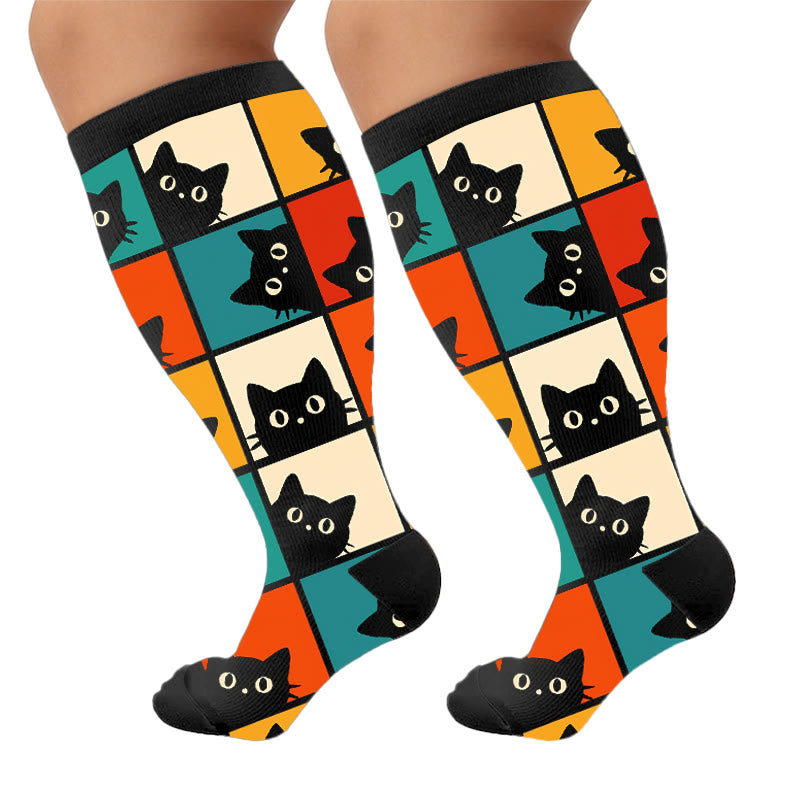 Plus Size Cartoon Black Cat Compression Socks - Black(1 Pair) - 4XL - image 10