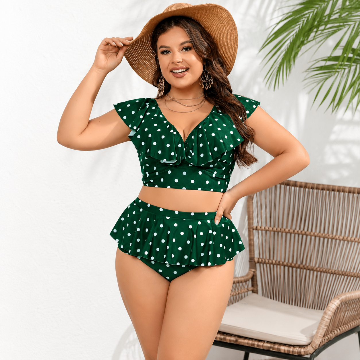 Polka Dot Ruffle High-Waisted Bikini Set - Green - 4XL - image 1