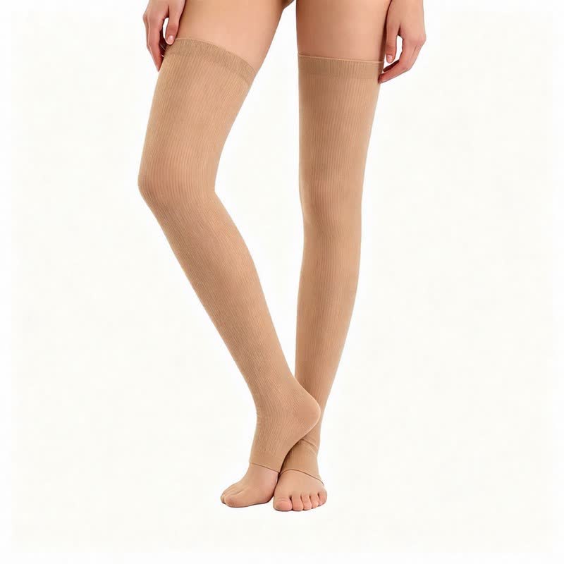 Solid Color Toeless Thigh High Compression Sleeves(3 Pairs) - Nude - S/M - image 1