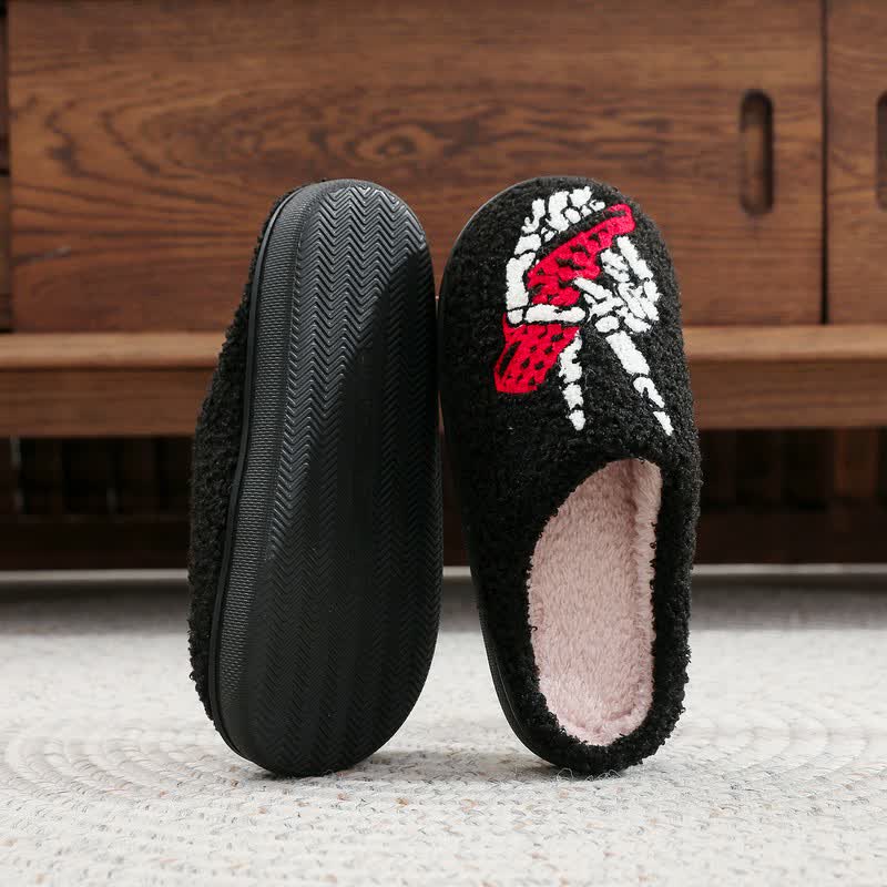 Halloween Skeleton Hand Peace Sign Fuzzy Slippers - image 3