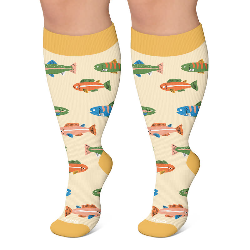 Plus Size Playful Fish Compression Socks - Yellow - 4XL - image 6