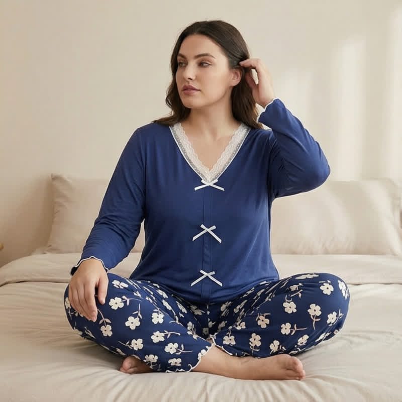 Blue Lace Bow Floral Pajama Set - image 1
