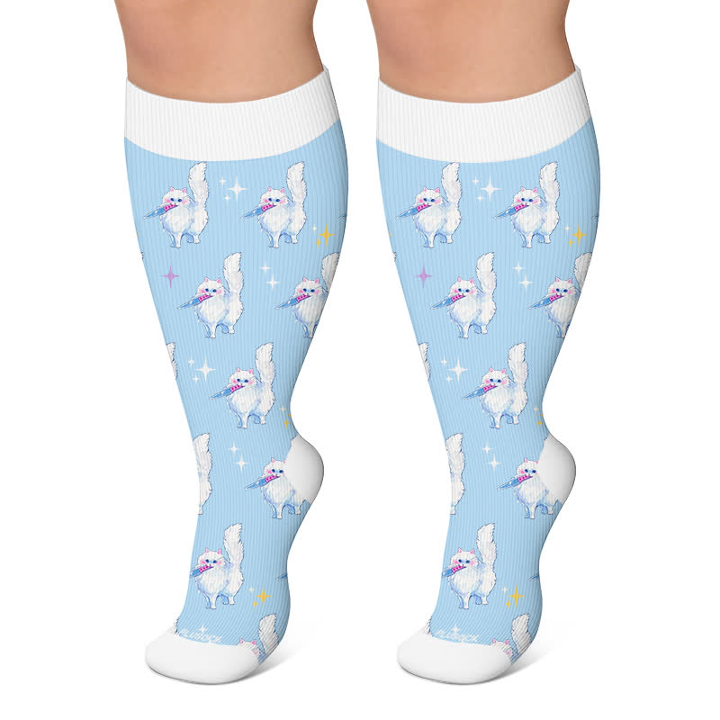 Plus Size Magic Bunnies Cats Dogs Compression Socks - Blue - 4XL - image 6