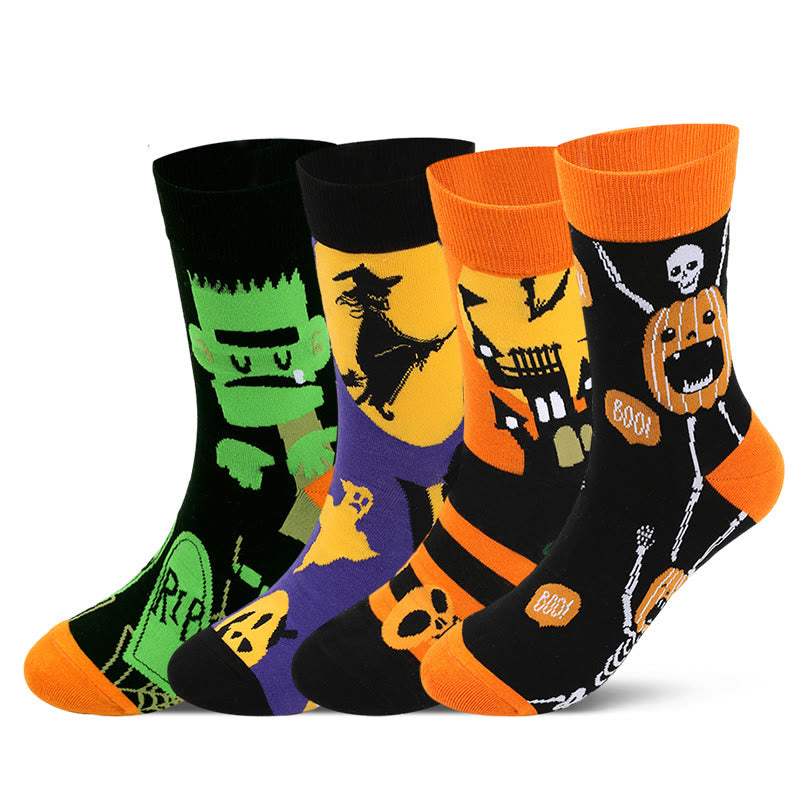 Halloween Cute Printed Crew Socks(5 Pairs) - Loss+Skeleton*2+Witch+Castle - EU43-49(US9-14) - image 0