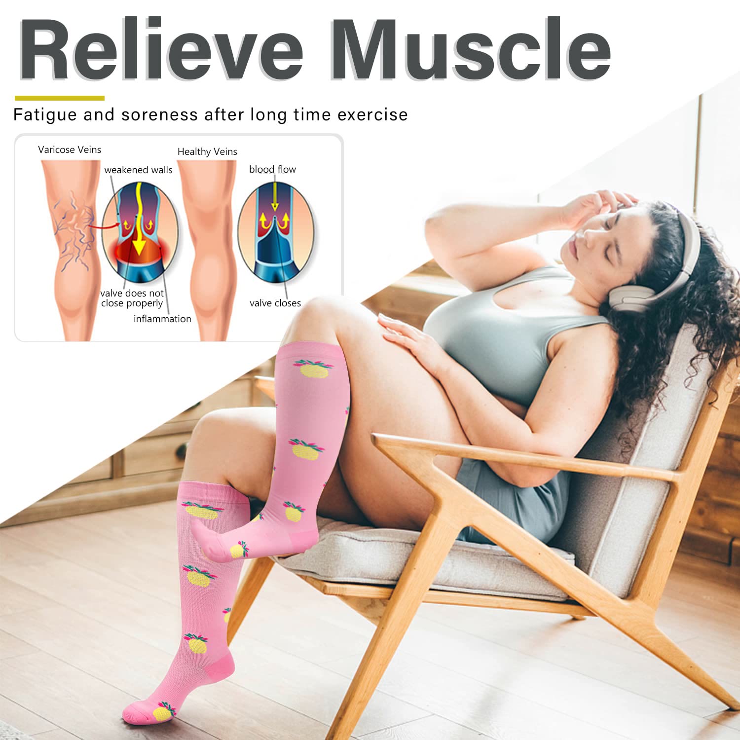 Pineapple Electrocardiogram Plus Size Compression Socks(3 Pairs) - image 3