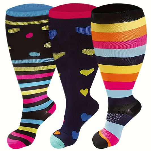 Plus Size Polka Dot Stripes Compression Socks(3 Pairs) - image 0