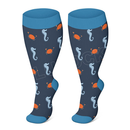 Plus Size Whale Starfish Seahorse Compression Socks - Seahorse - 4XL - image 2