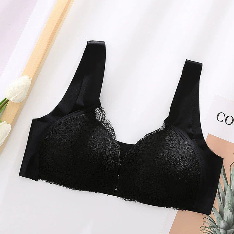Front Closure Lace Wireless Bras - Black - 5XL - image 14