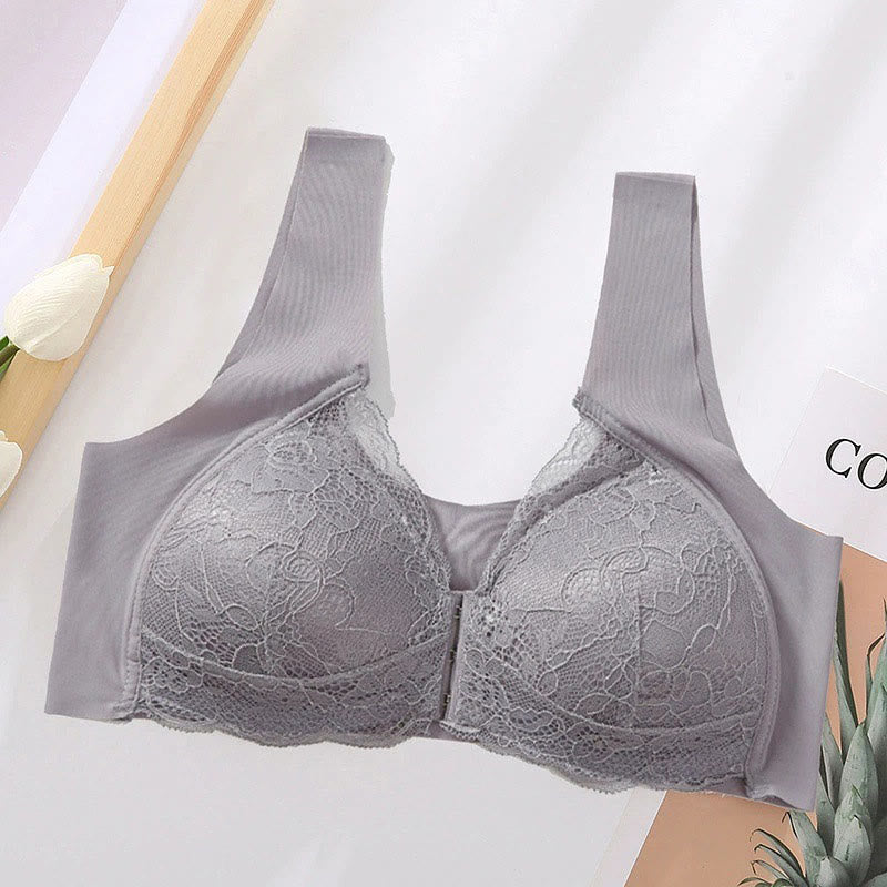 Front Closure Lace Wireless Bras - Grey - 5XL - image 16