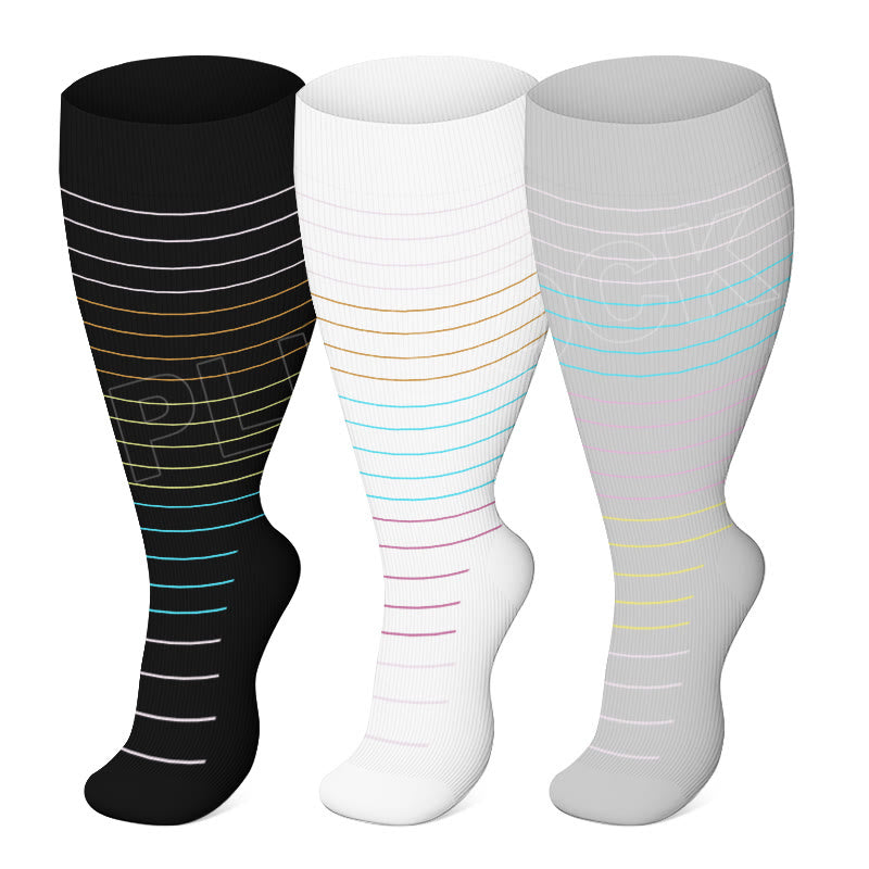 Plus Size Colorful Pinstripes Compression Socks(3 Pairs) - Black+White+Light Gray - 4XL - image 10