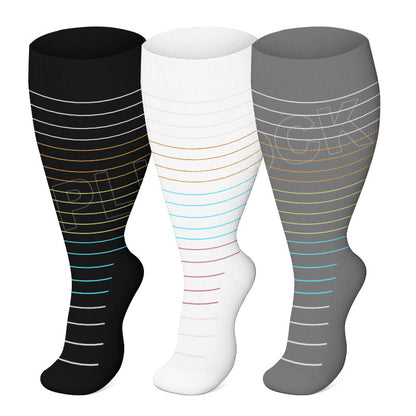 Plus Size Colorful Pinstripes Compression Socks(3 Pairs) - Black+White+Dark Grey - 4XL - image 9