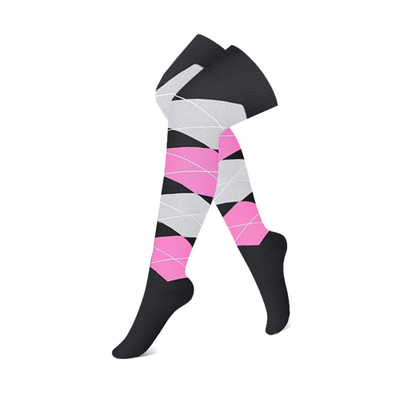 Black Pink Colorblock Thigh High Compression Socks(3 Pairs) - Rhombus - S/M - image 1