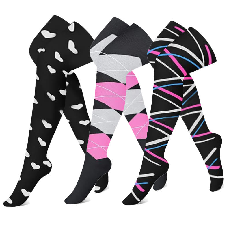 Black Pink Colorblock Thigh High Compression Socks(3 Pairs) - Multicolor - S/M - image 0