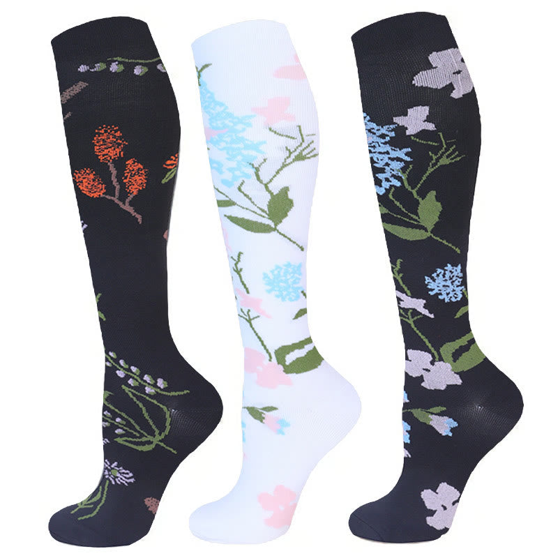 Flower Pattern Compression Socks(3 Pairs) - image 0