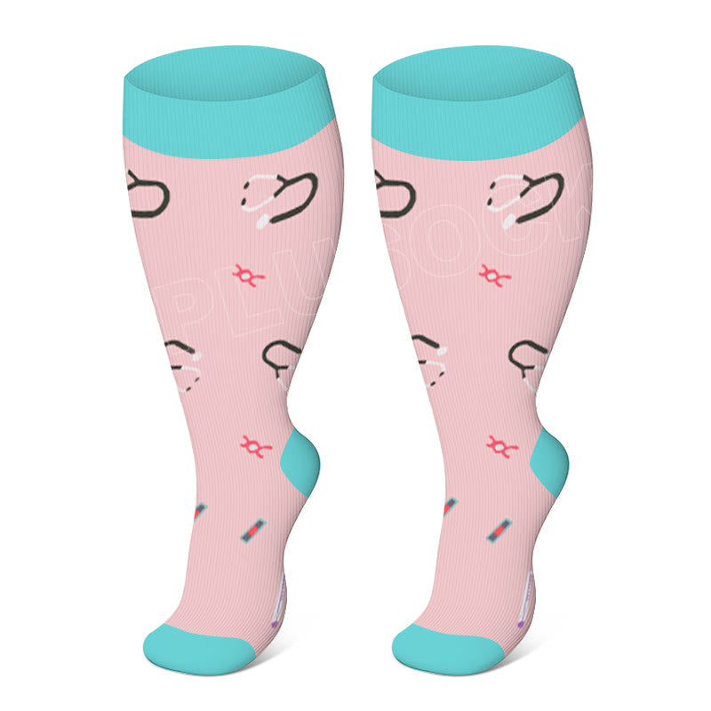 Plus Size Color Pattern Compression Socks - Pink - 4XL - image 3