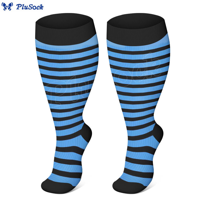 Plus Size Pink Blue Yellow Strieps Compression Socks - Blue - 4XL - image 3