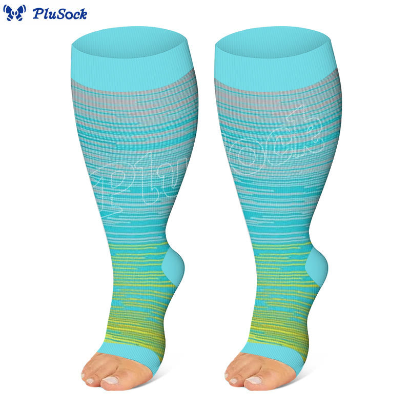 Plus Size Color Stripes Open Toe Compression Socks - Yellow - 4XL - image 2