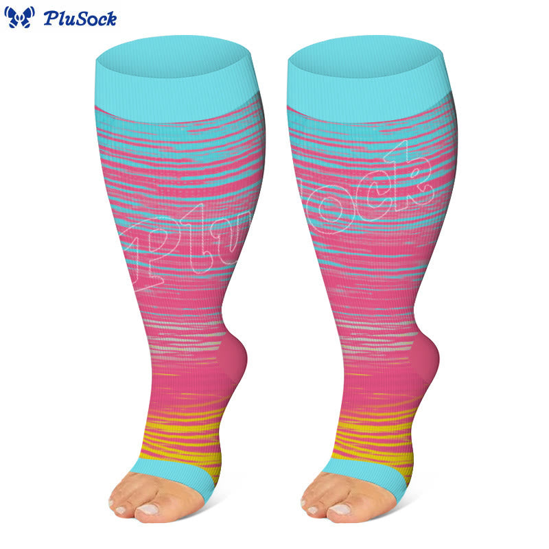 Plus Size Color Stripes Open Toe Compression Socks - Pink - 4XL - image 4