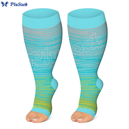 Plus Size Color Stripes Open Toe Compression Socks - Yellow - 4XL - image 2