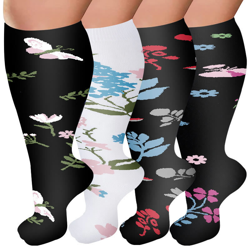 Plus Size Flower Butterfly Compression Socks(4 Pairs) - Multicolor - 4XL - image 0