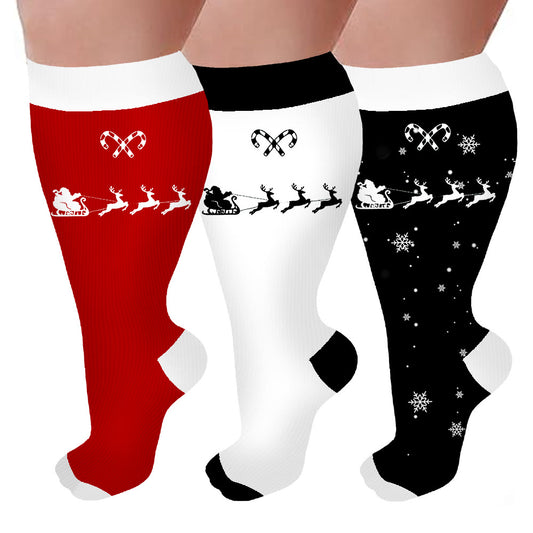 Plus Size Candy Cane Elk Compression Socks(3 Pairs) - Multicolor - 4XL - image 1