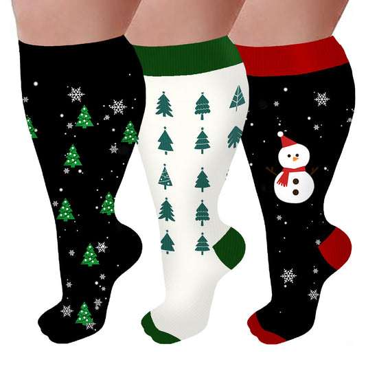 Plus Size Christmas Tree Snowman Compression Socks(3 Pairs) - Multicolor - 4XL - image 1