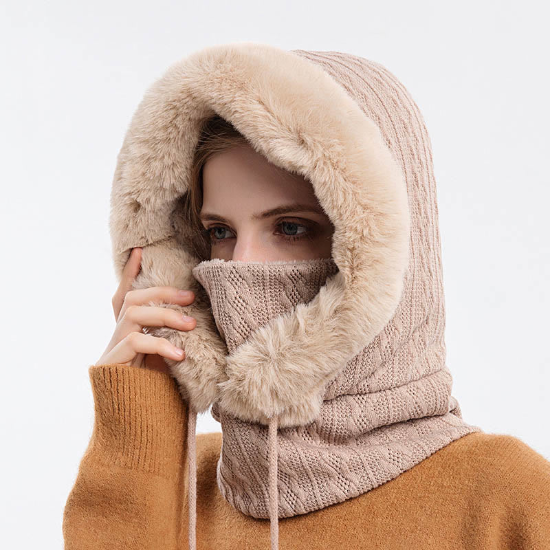 Solid Color Cold Protection Hooded Scarf - Beige - One Size - image 11