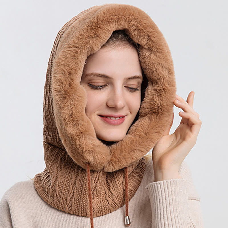 Solid Color Cold Protection Hooded Scarf - Khaki - One Size - image 14
