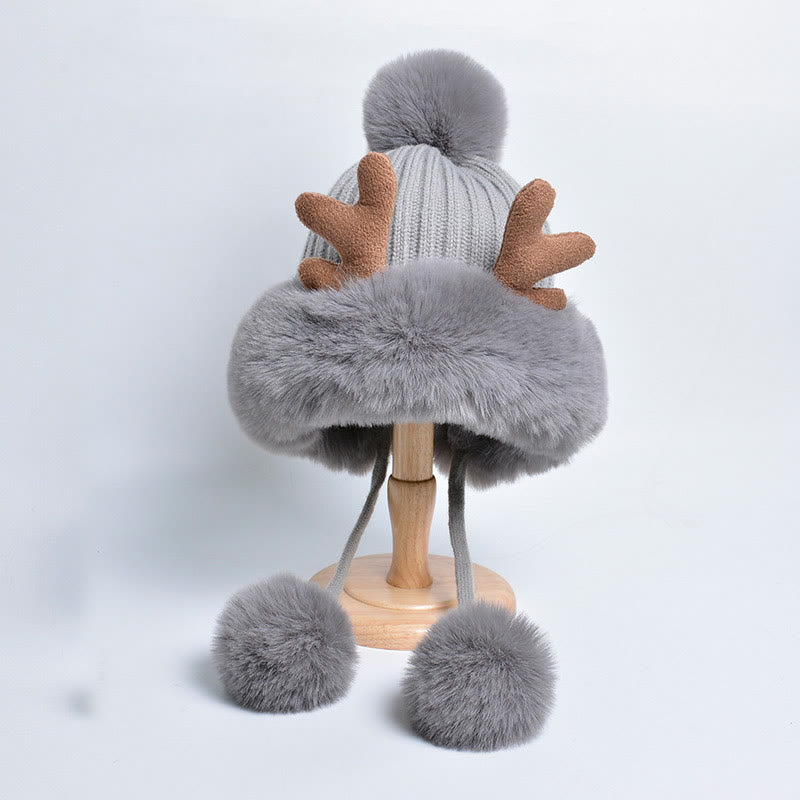 Antlers Pompom Beanie Hats - Grey - One Size - image 13